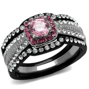 Jewellery Kingdom Pink Sapphire Black Stainless Steel Cubic Zirconia Wedding Engagement Ladies Ring Set