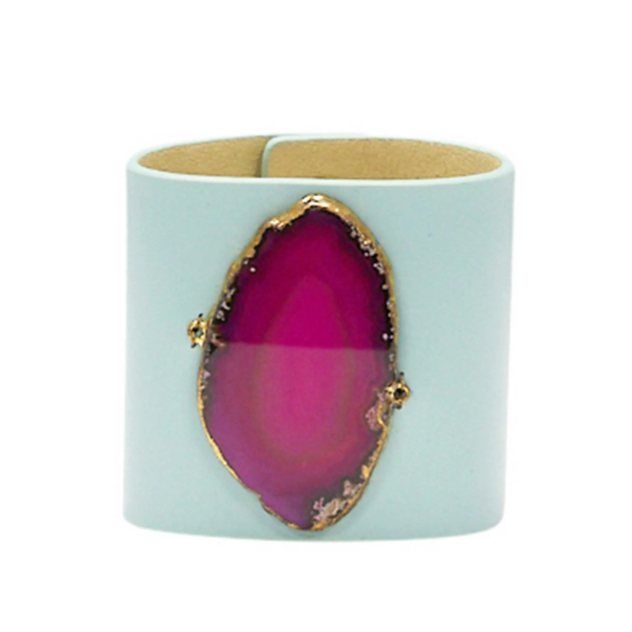 LOVED CUFF - MOONSTONE WHITE LEATHER WITH PINK AGATE  M.1.02.005.1080