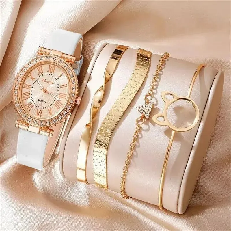Luxury Women's Quartz Watch Set: Elegant Analog Timepiece with Bracelets - Fashion Sophistication