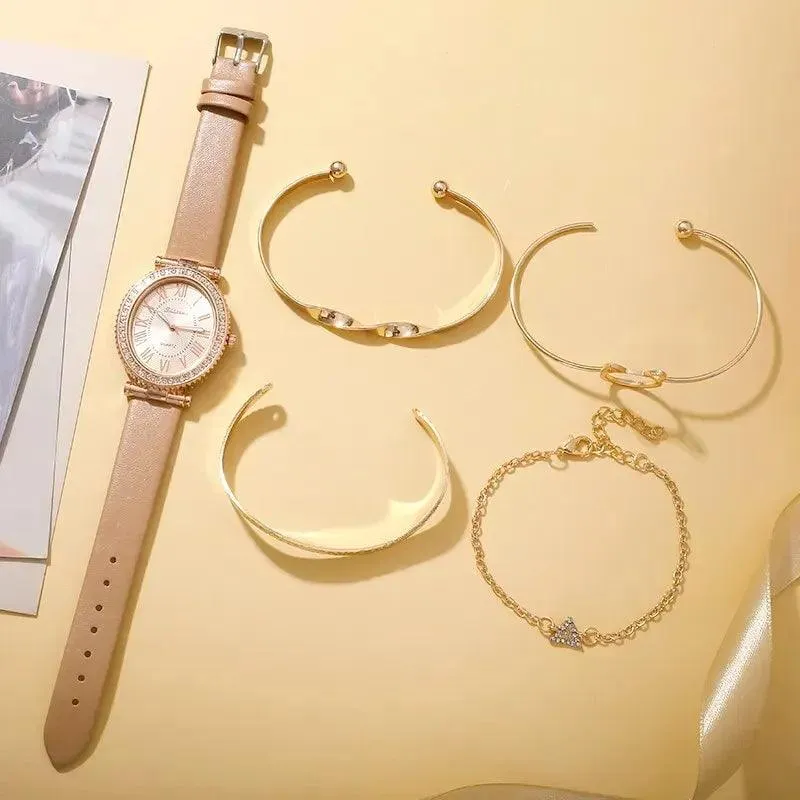 Luxury Women's Quartz Watch Set: Elegant Analog Timepiece with Bracelets - Fashion Sophistication