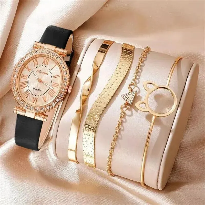 Luxury Women's Quartz Watch Set: Elegant Analog Timepiece with Bracelets - Fashion Sophistication