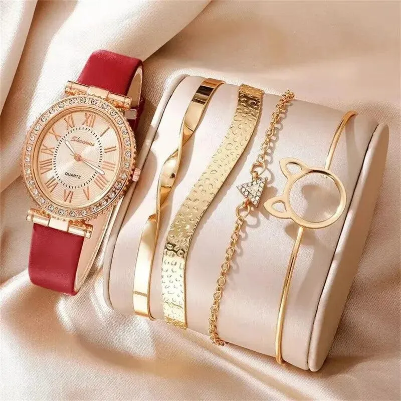 Luxury Women's Quartz Watch Set: Elegant Analog Timepiece with Bracelets - Fashion Sophistication