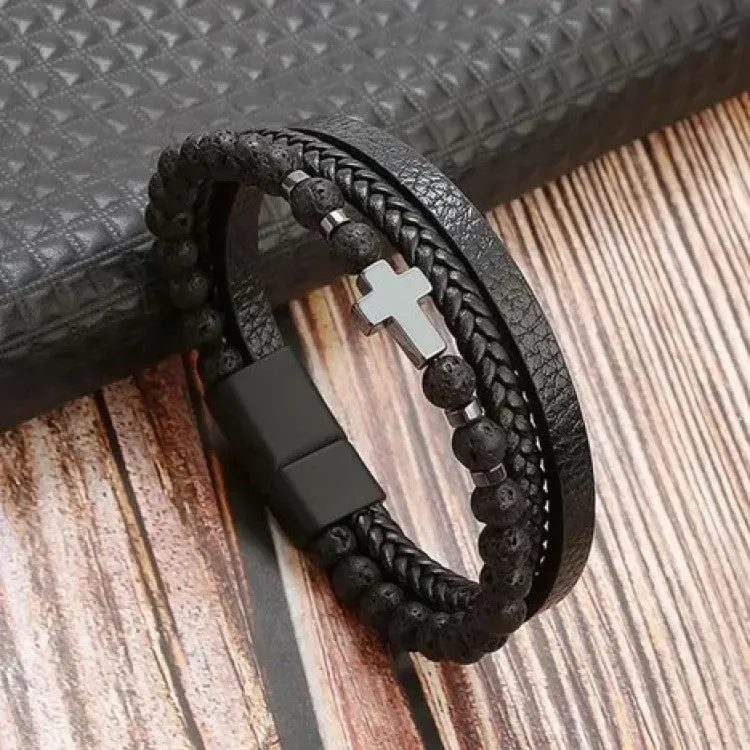 Multi Leather Bracelet Stone Beads Stones and Hematite Cross