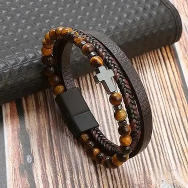 Multi Leather Bracelet Stone Beads Stones and Hematite Cross