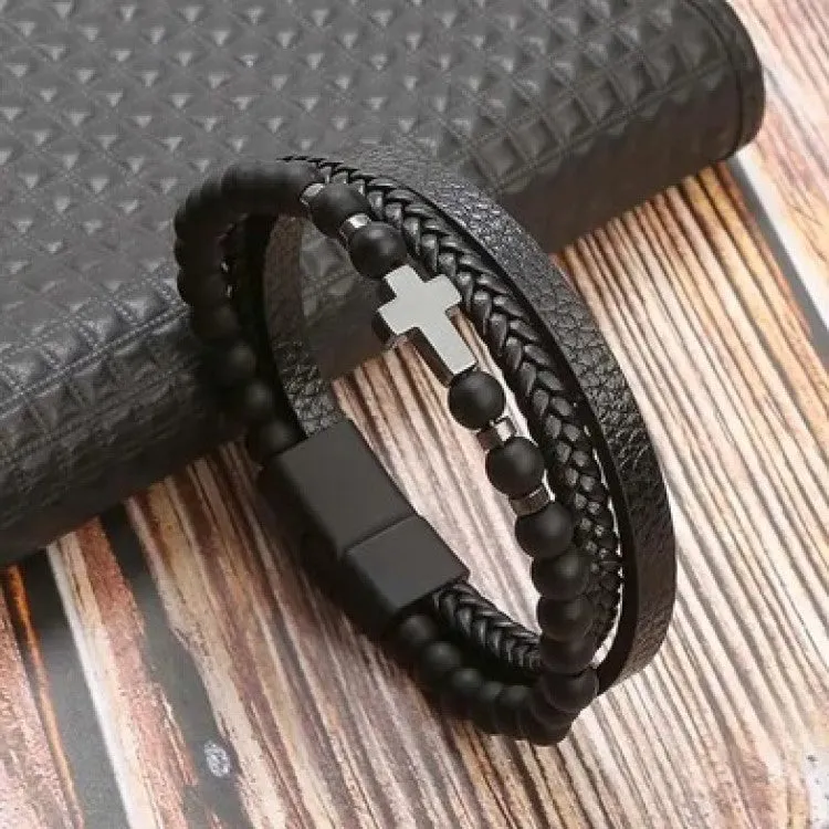 Multi Leather Bracelet Stone Beads Stones and Hematite Cross