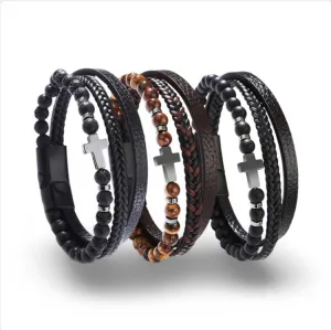 Multi Leather Bracelet Stone Beads Stones and Hematite Cross