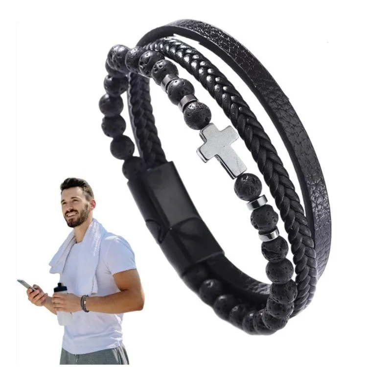 Multi Leather Bracelet Stone Beads Stones and Hematite Cross