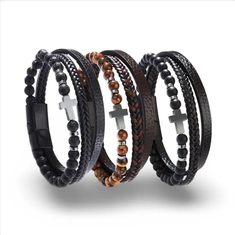 Multi Leather Bracelet Stone Beads Stones and Hematite Cross