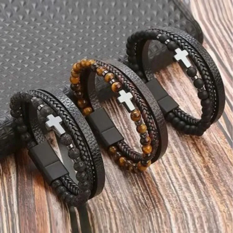 Multi Leather Bracelet Stone Beads Stones and Hematite Cross