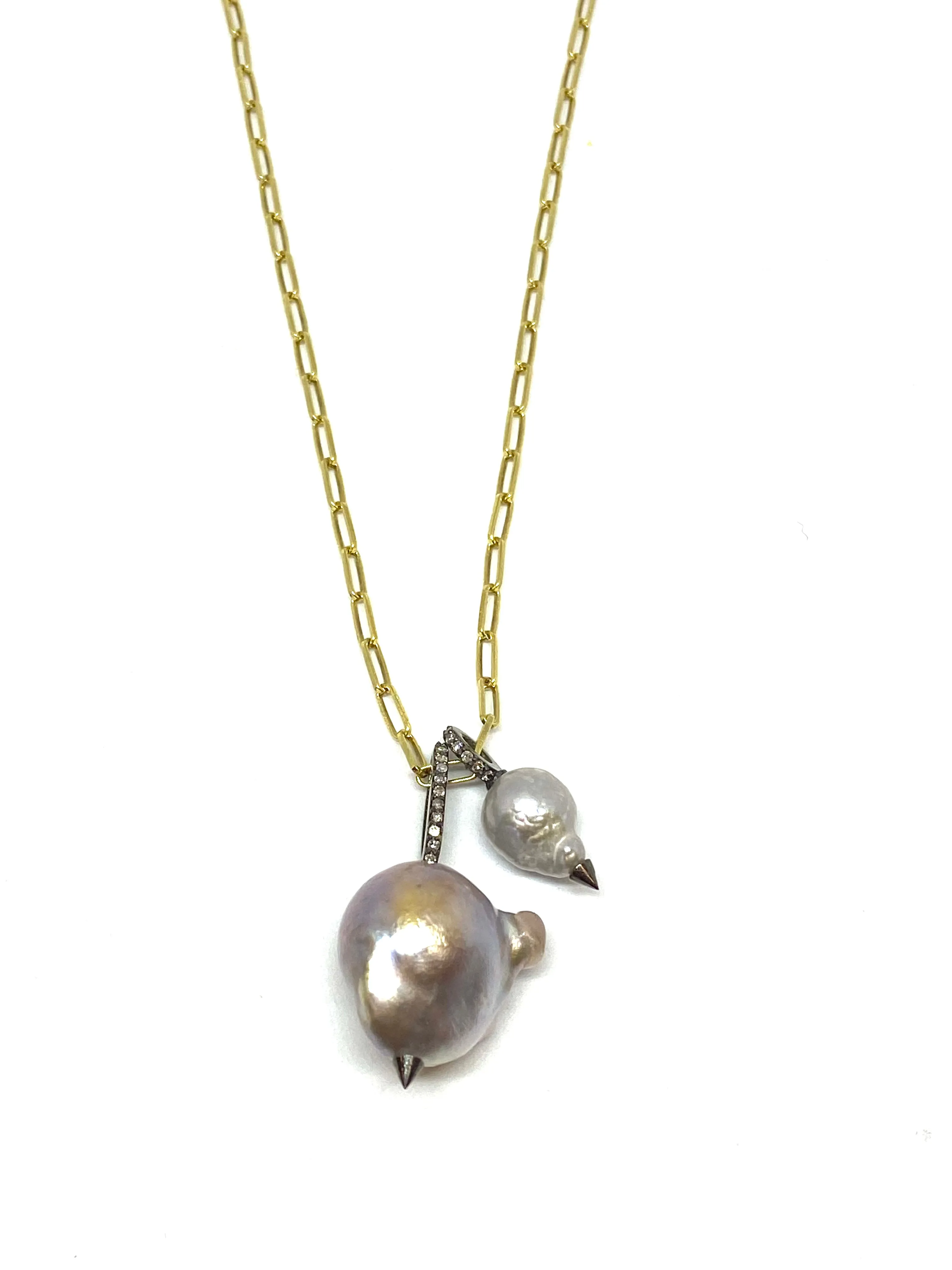 Nathan & Moe Gold Filled Double Pearl with Diamond Bales Chain Necklace