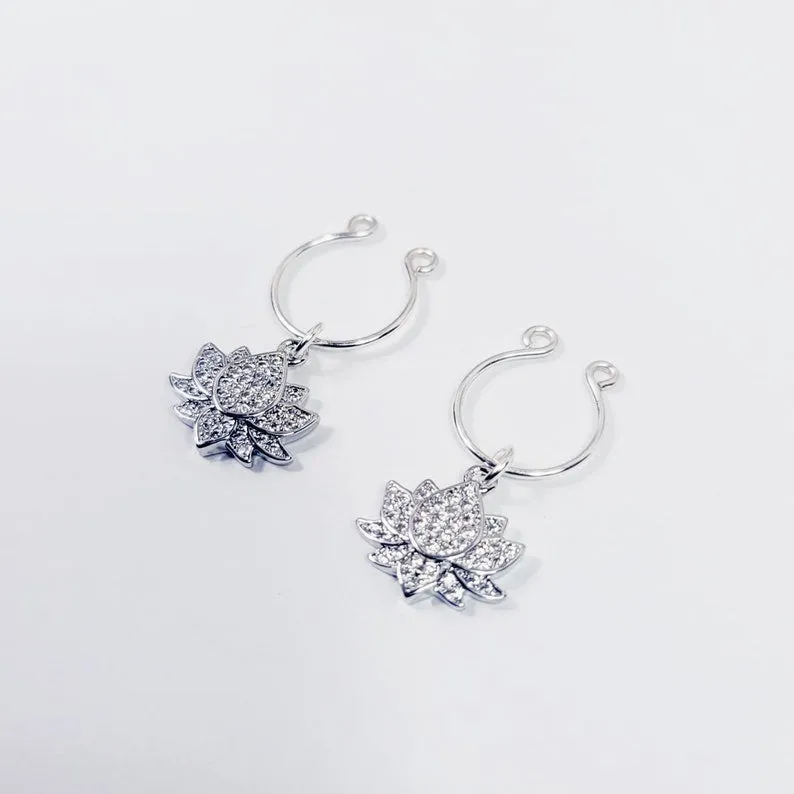 Nipple Rings with Sparkling Platinum Lotus Flowers