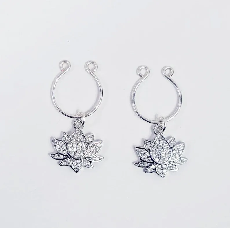 Nipple Rings with Sparkling Platinum Lotus Flowers