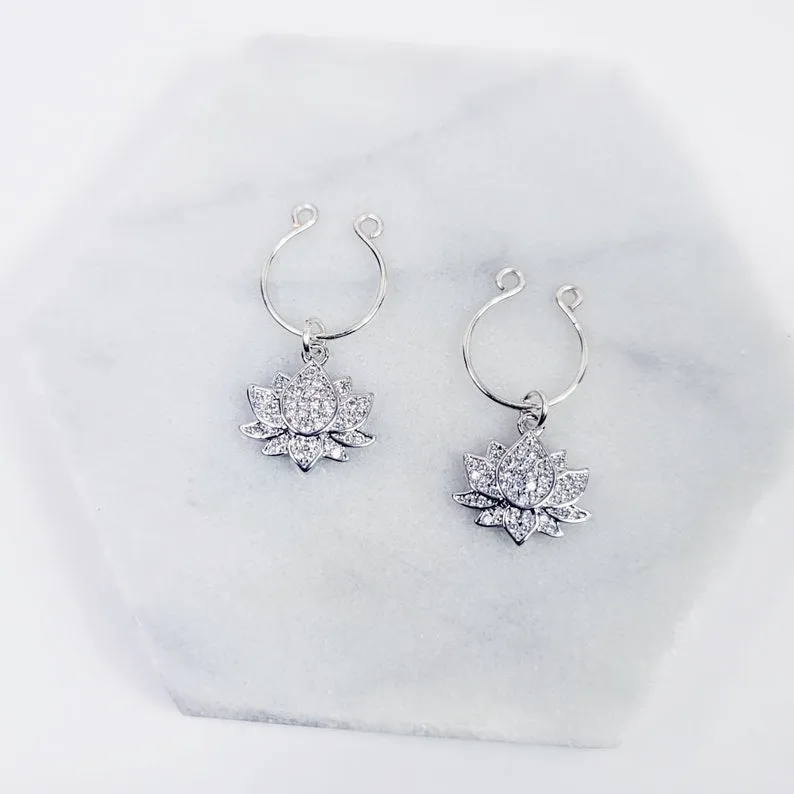 Nipple Rings with Sparkling Platinum Lotus Flowers