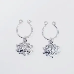 Nipple Rings with Sparkling Platinum Lotus Flowers