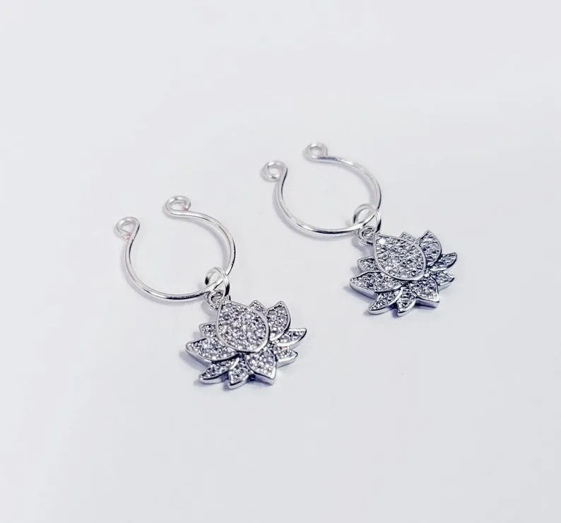 Nipple Rings with Sparkling Platinum Lotus Flowers