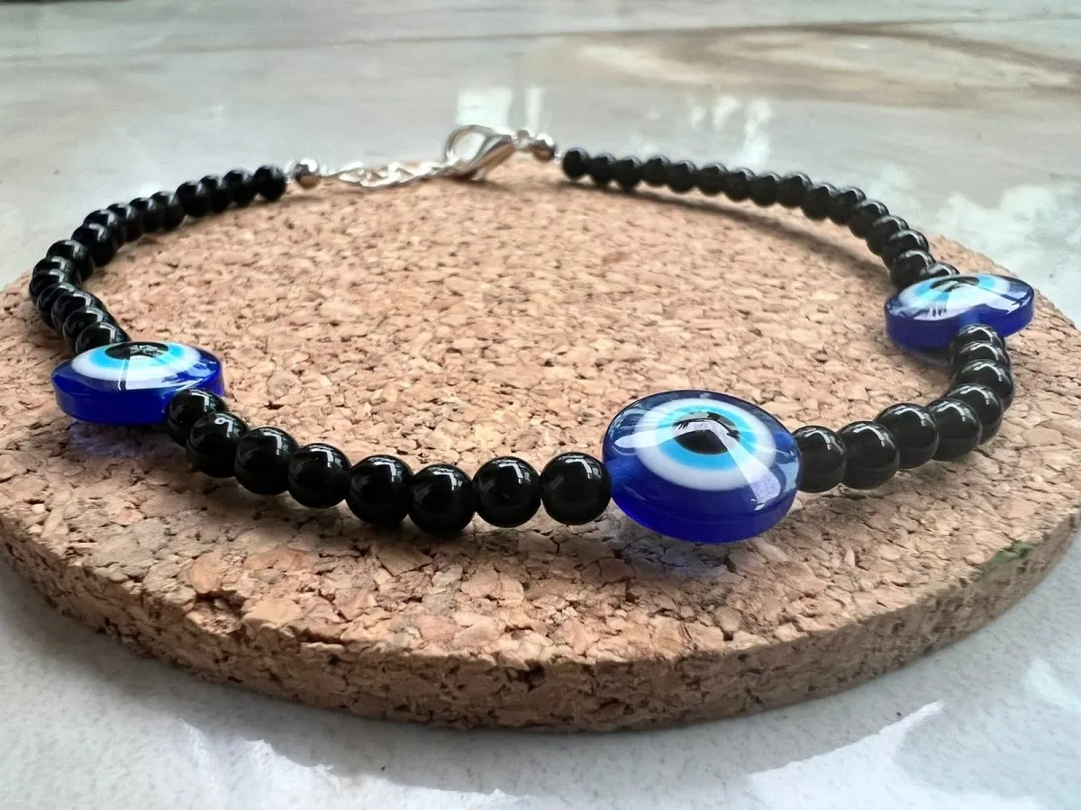 Obsidian Stone Anklet with Evil Eye