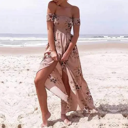 Off The Shoulder Maxi Slit Dress Boho Floral Prints