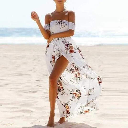 Off The Shoulder Maxi Slit Dress Boho Floral Prints