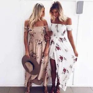 Off The Shoulder Maxi Slit Dress Boho Floral Prints