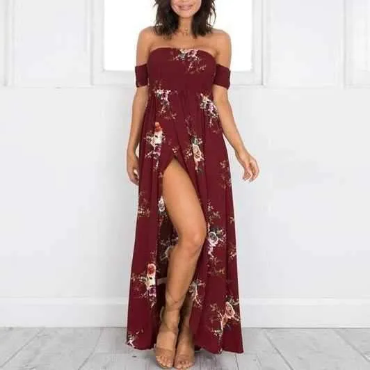 Off The Shoulder Maxi Slit Dress Boho Floral Prints