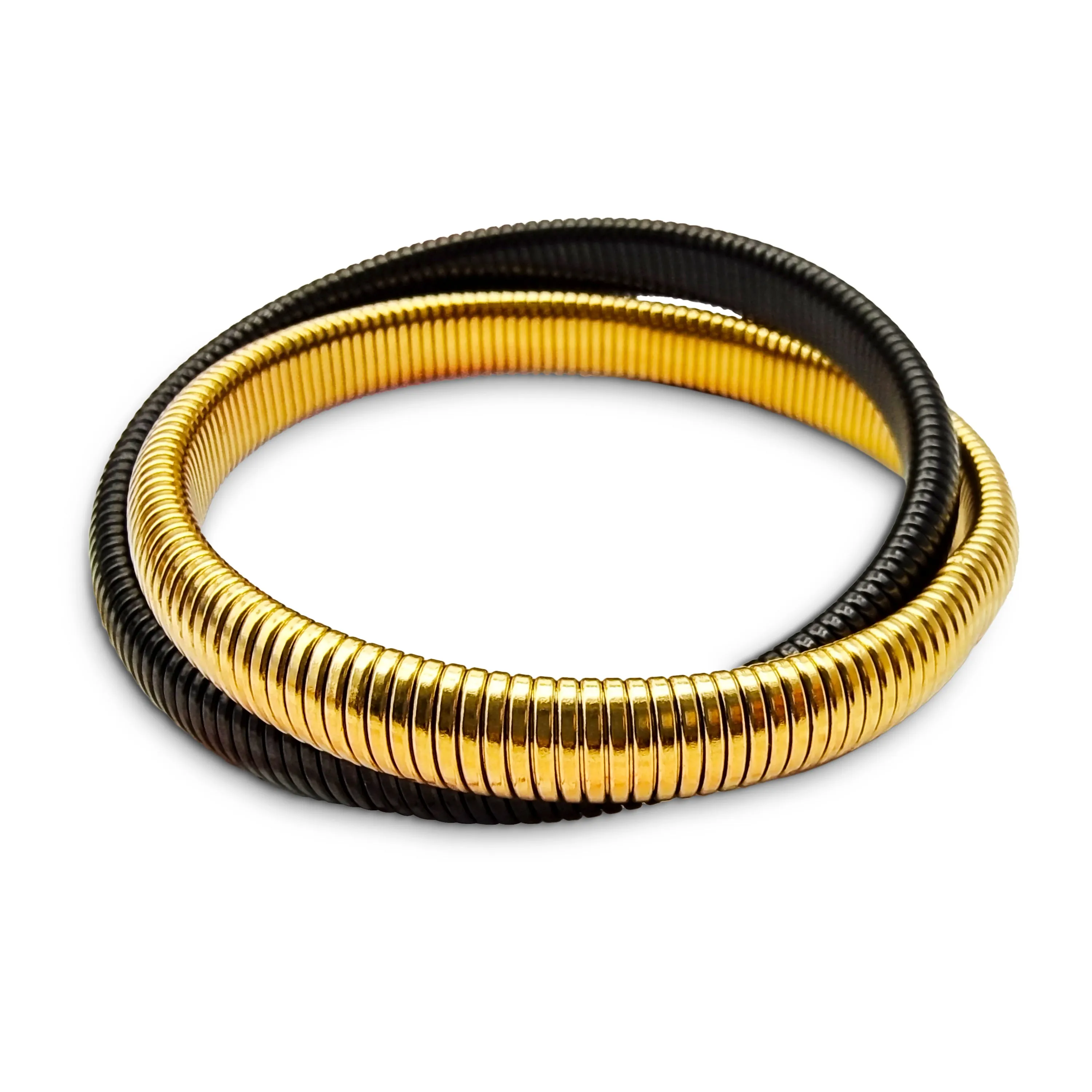 Omega Snake Cobra Wide Bangle Bracelet Set, Two Tone Twisted Bands, Gold Black Gunmetal