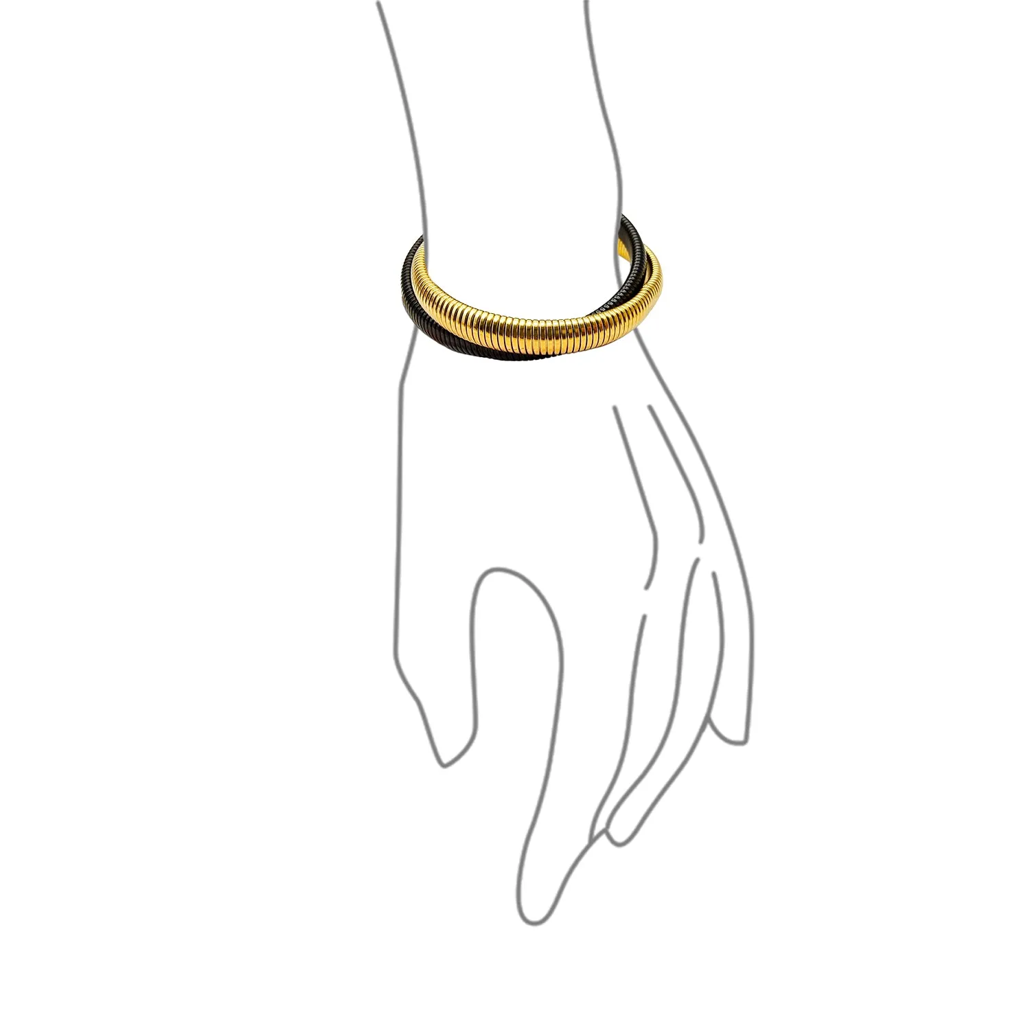 Omega Snake Cobra Wide Bangle Bracelet Set, Two Tone Twisted Bands, Gold Black Gunmetal