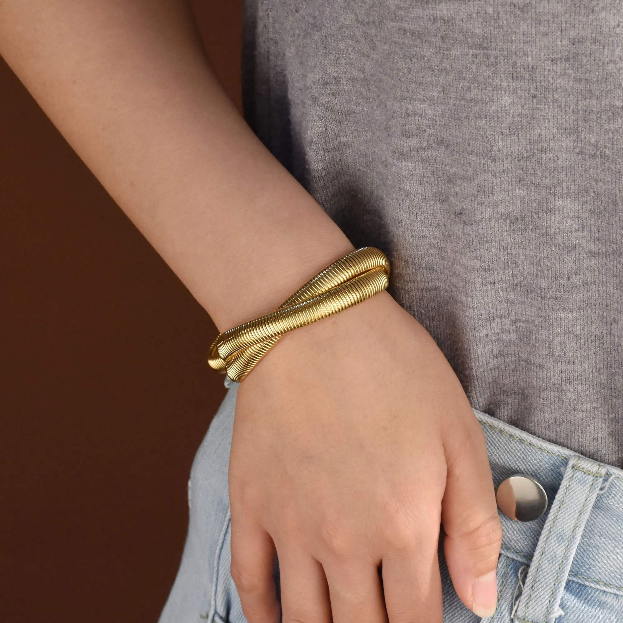 Omega Snake Cobra Wide Bangle Bracelet Set, Two Tone Twisted Bands, Gold Black Gunmetal