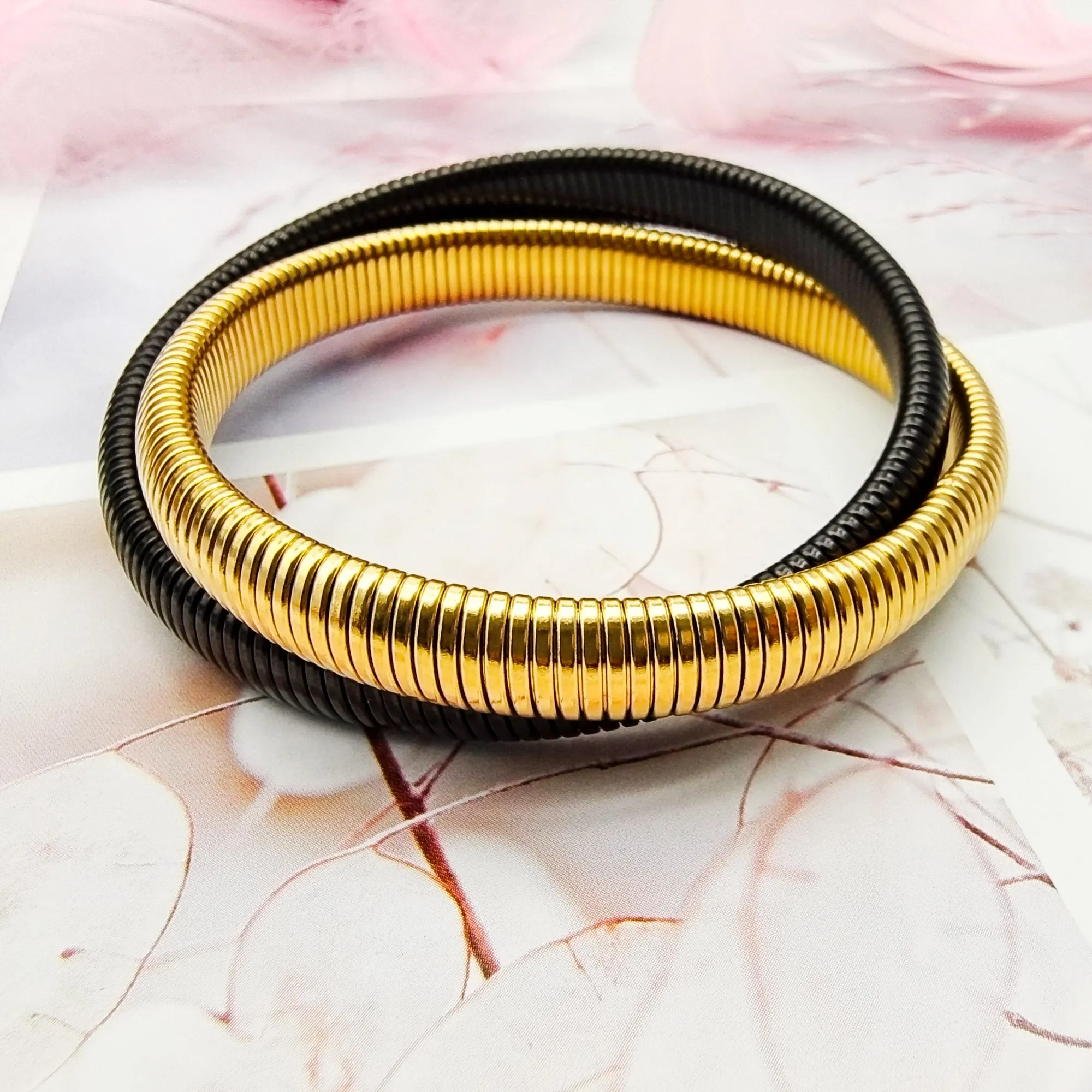 Omega Snake Cobra Wide Bangle Bracelet Set, Two Tone Twisted Bands, Gold Black Gunmetal