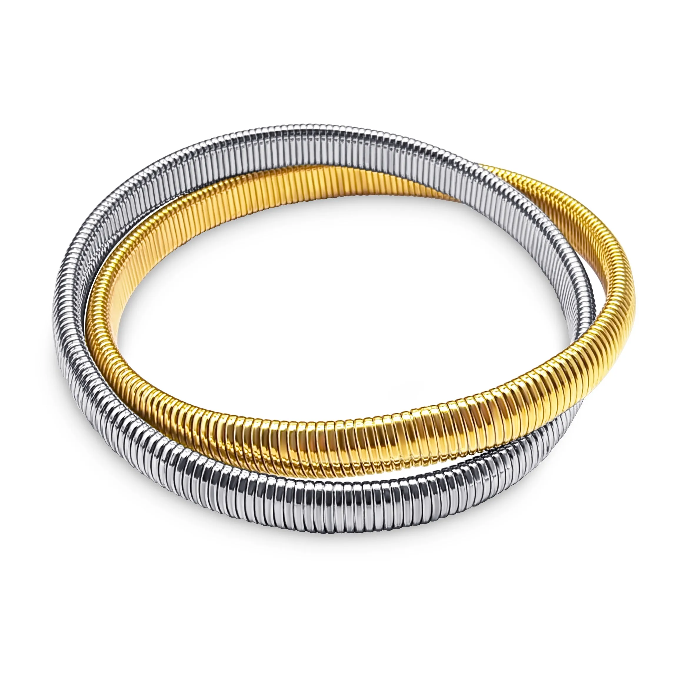 Omega Snake Cobra Wide Bangle Bracelet Set, Two Tone Twisted Bands, Gold Black Gunmetal