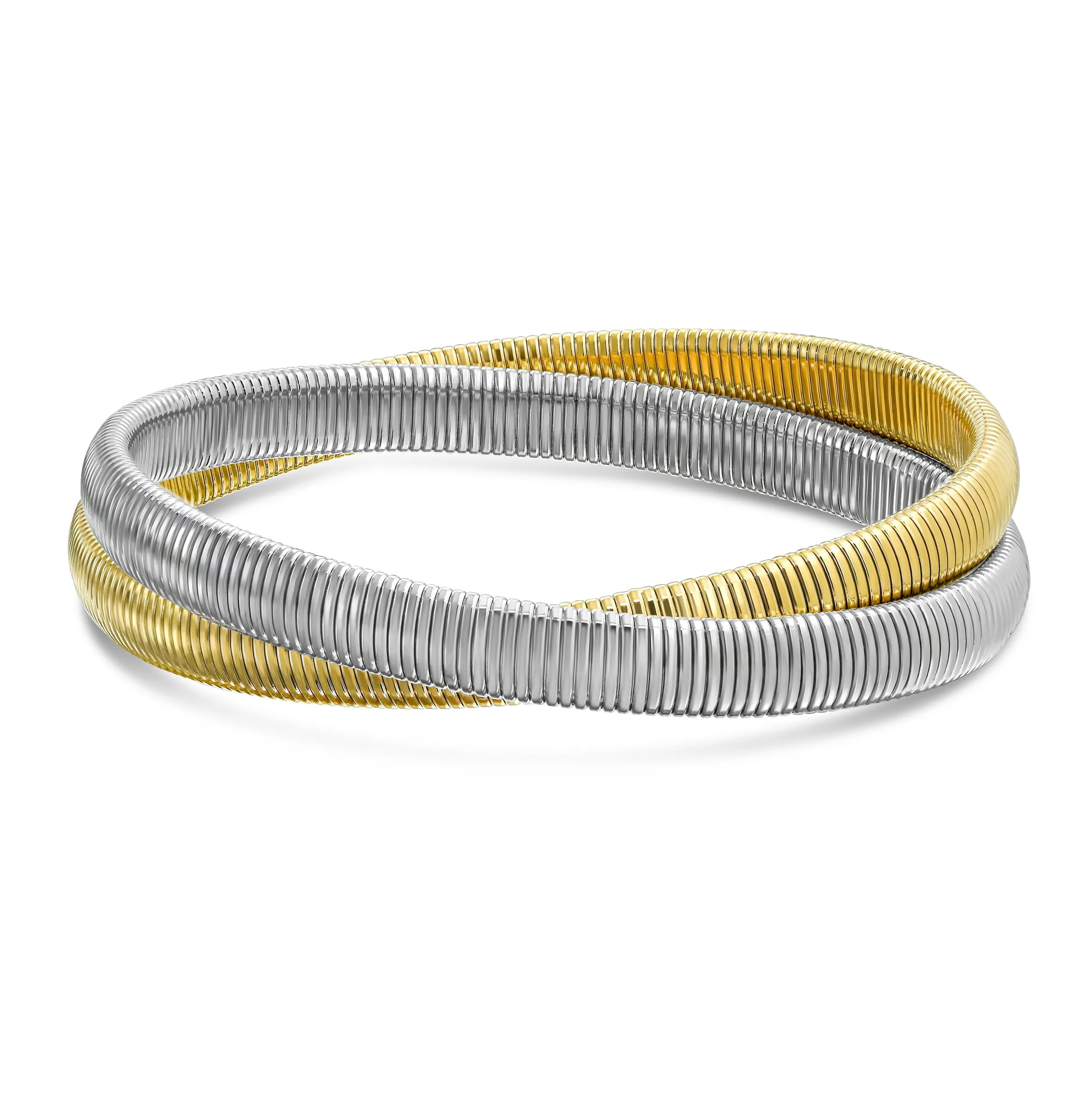 Omega Snake Cobra Wide Bangle Bracelet Set, Two Tone Twisted Bands, Gold Black Gunmetal