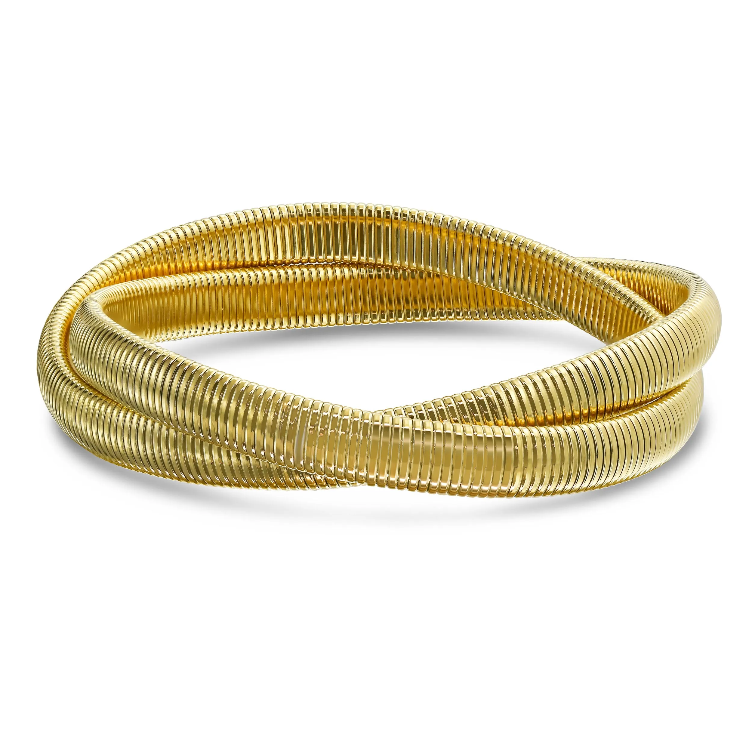 Omega Snake Cobra Wide Bangle Bracelet Set, Two Tone Twisted Bands, Gold Black Gunmetal