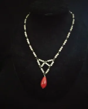 Pewter/Glass Red Drop Necklace