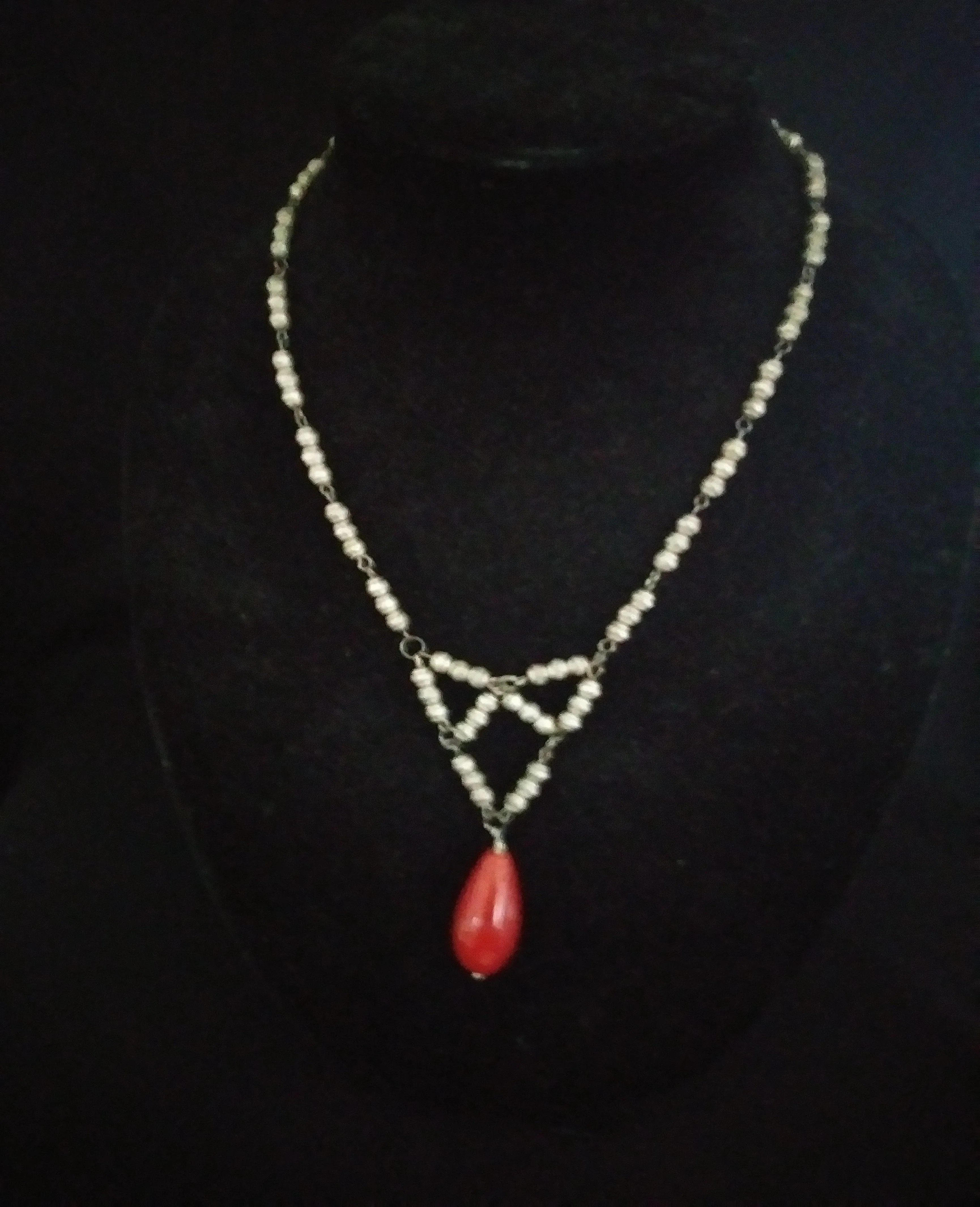 Pewter/Glass Red Drop Necklace