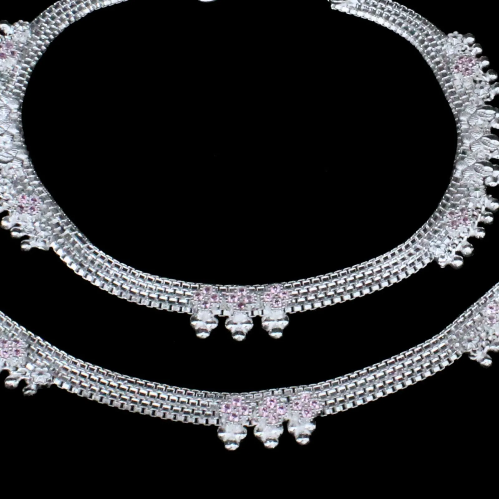 Real Sterling Silver Pink CZ Indian women handmade Anklets Ankle Pair 10.3"