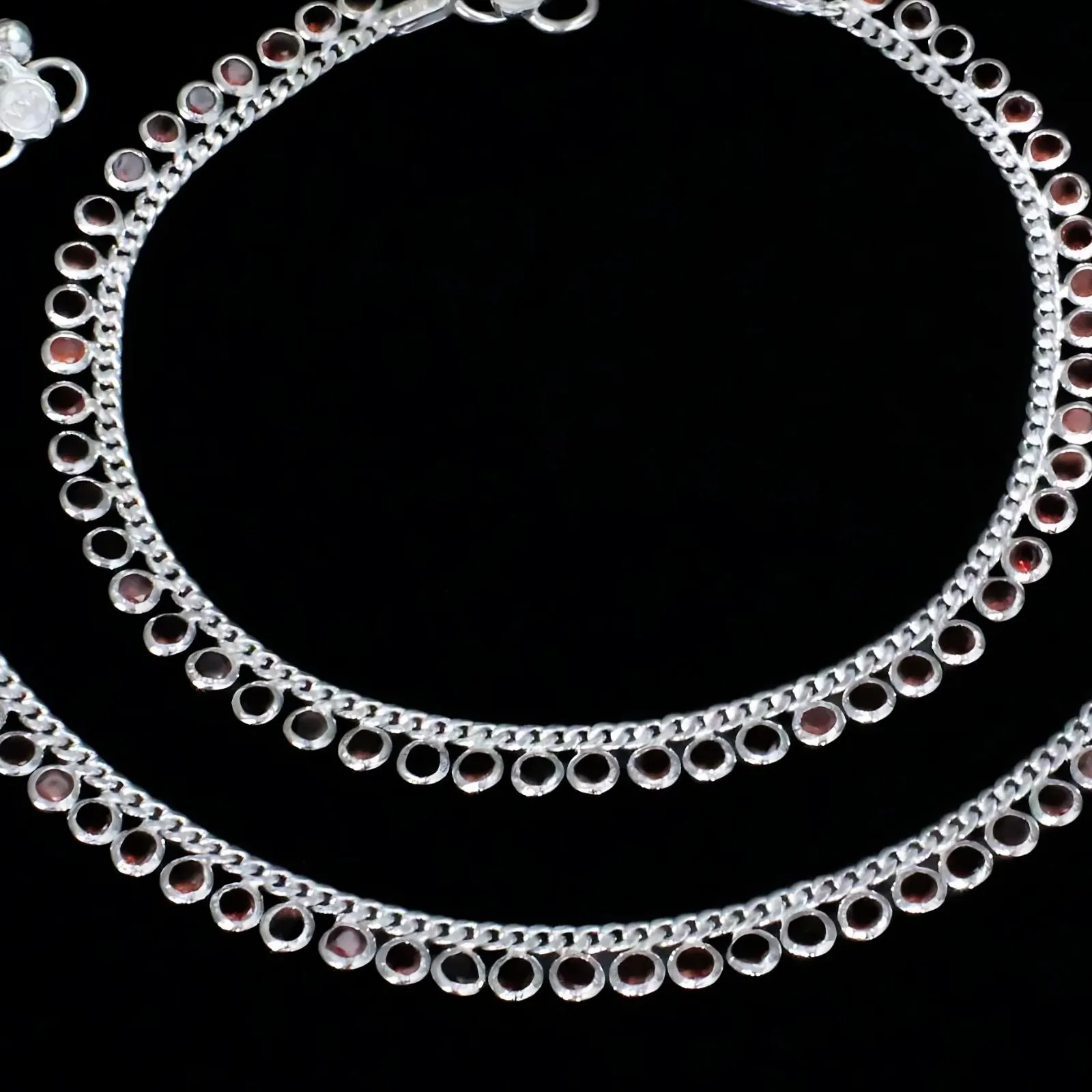 Real Sterling Silver Red CZ Indian women girlish daily wear Anklets Ankle Pair 10.3"