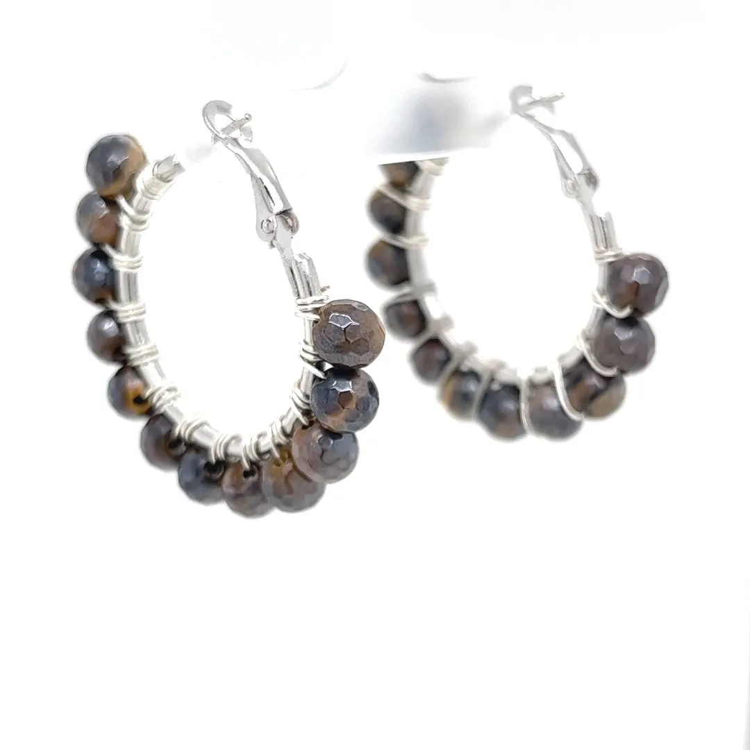 Semiprecious Tiger Eye Beaded Silver Hoop Earrings Small