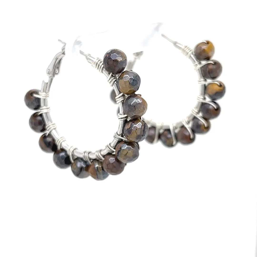 Semiprecious Tiger Eye Beaded Silver Hoop Earrings Small