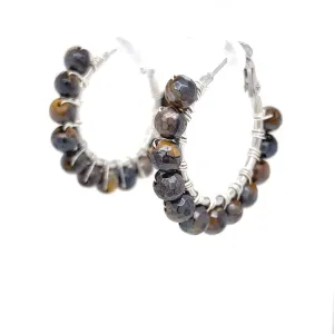 Semiprecious Tiger Eye Beaded Silver Hoop Earrings Small