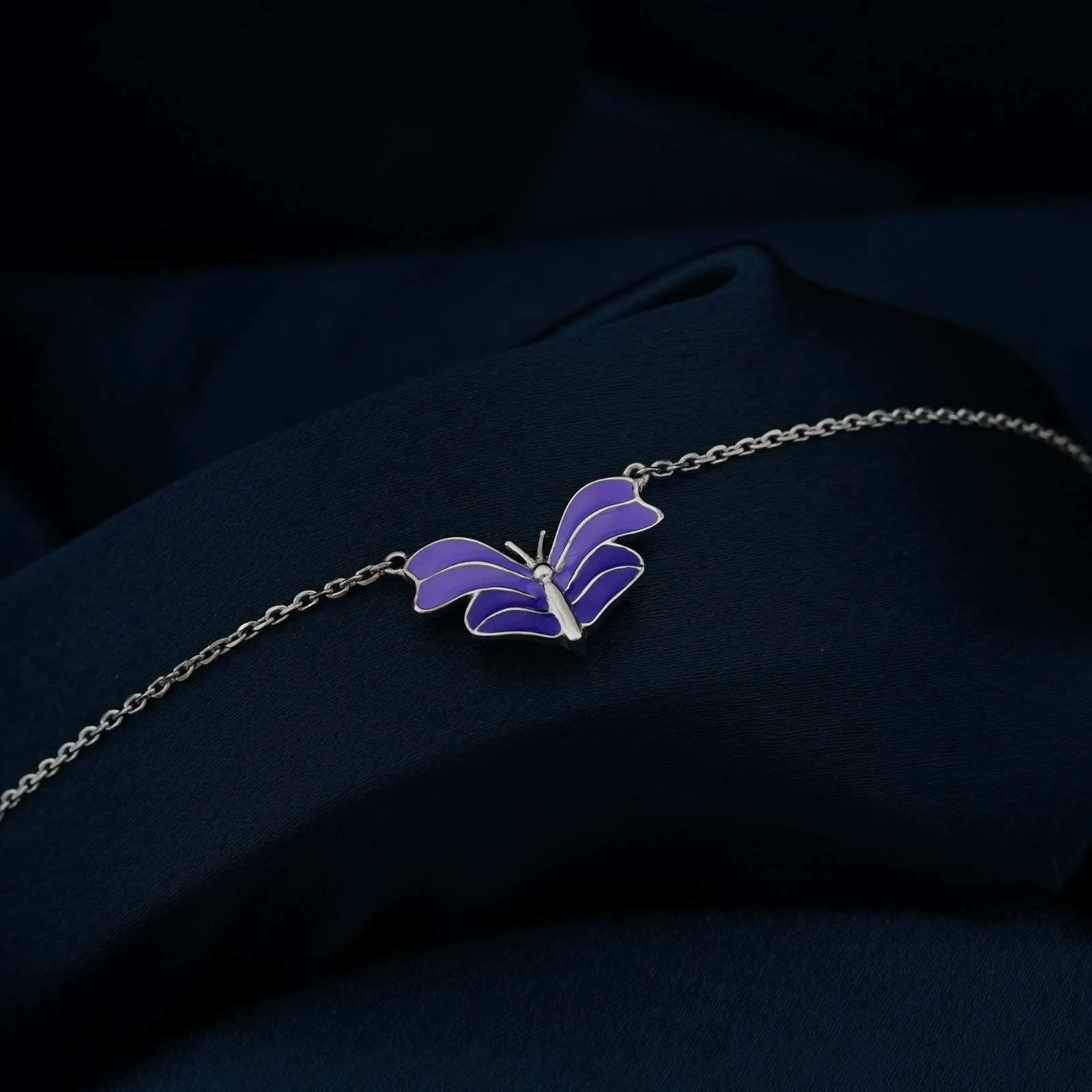 Silver Purple Enamel Butterfly Anklet