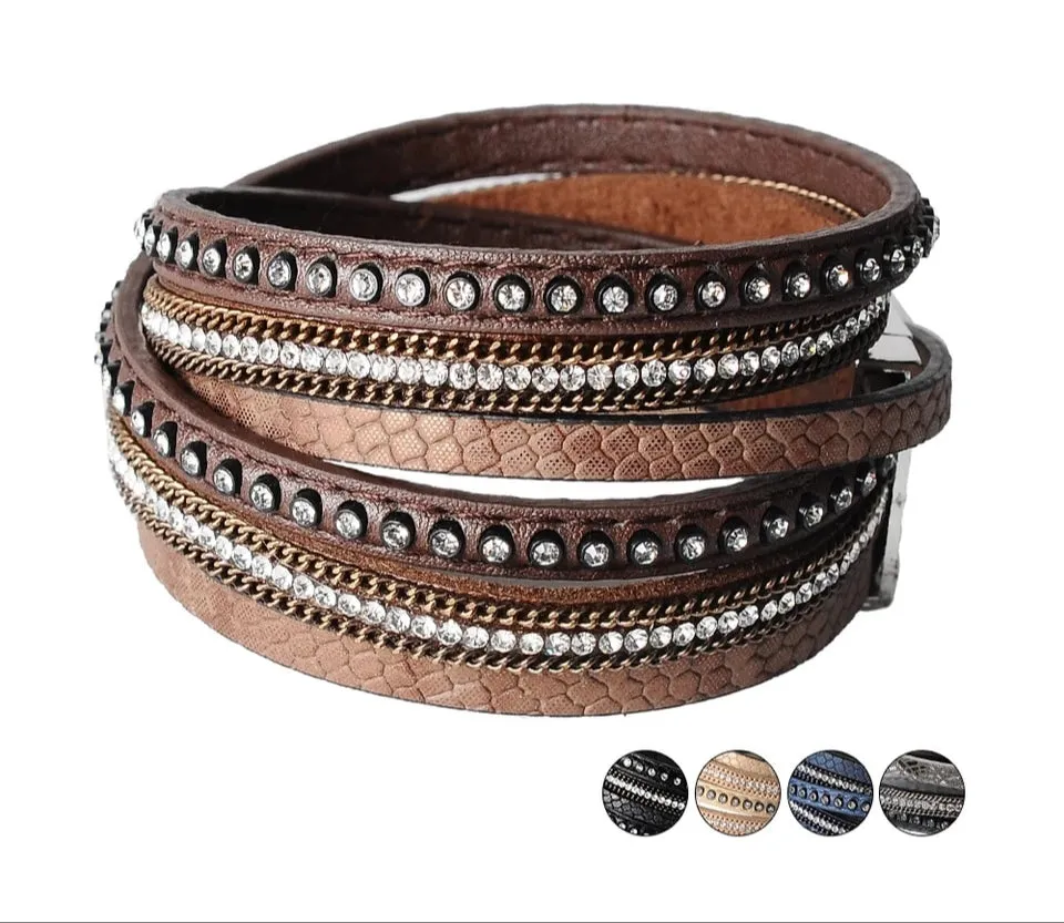 The Crystal Wrap Leather  Charm Bangle | CATICA Couture