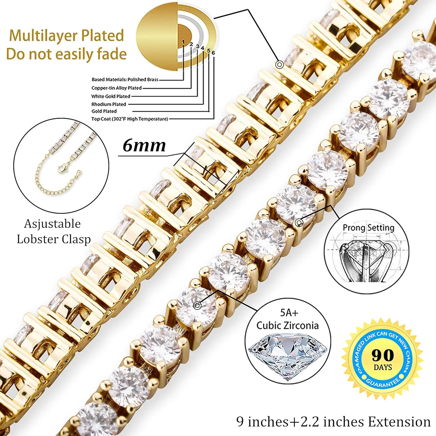 TOPGRILLZ Tennis Ankle Bracelet Gold Anklet Adjustable with Extension 14K Gold Plated Iced out Diamond 3-6mm Fashion Stylish Foot Jewelry for Women