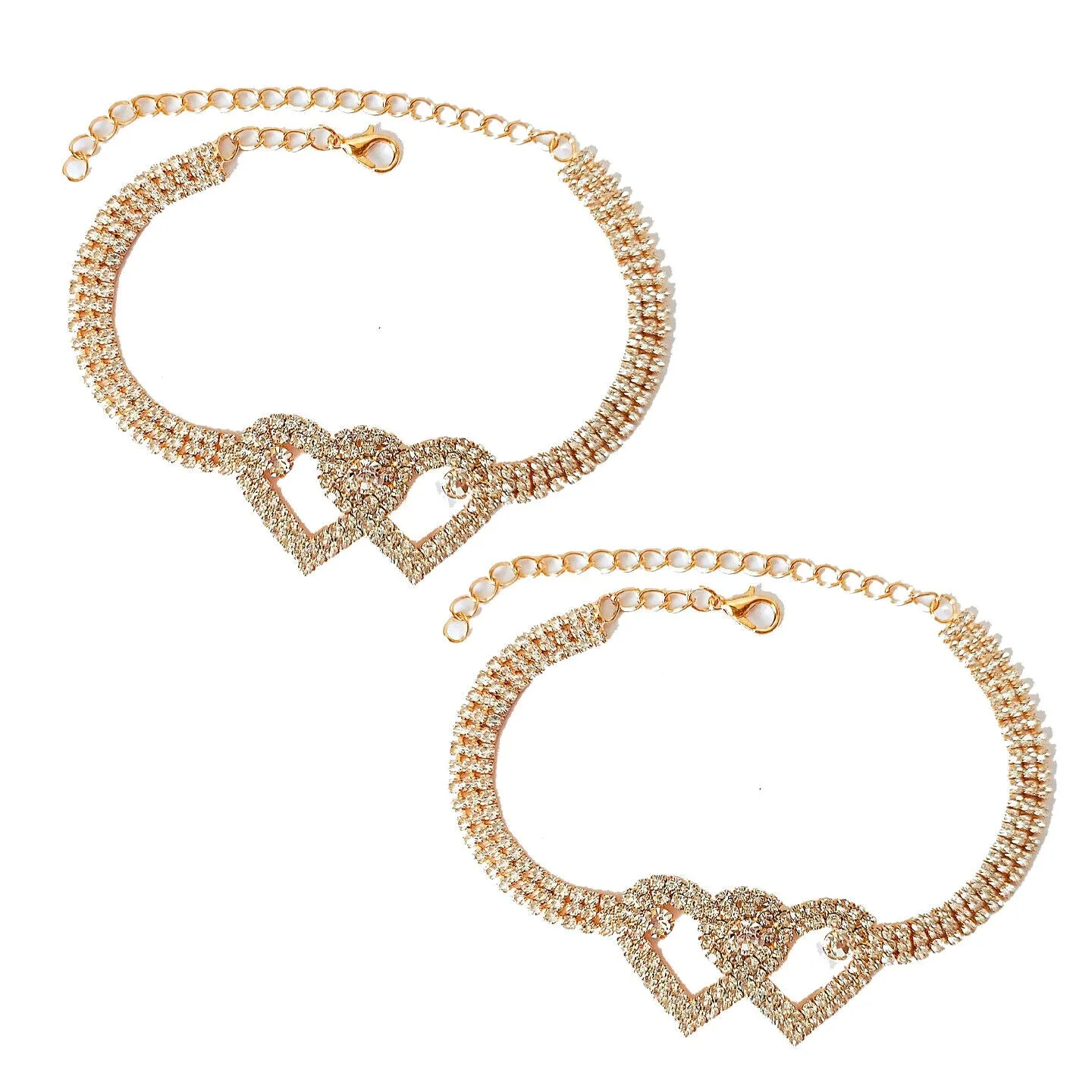 US 2-4 Pack Love Chain Double Heart Anklet Bracelet Bling Crystal Ankle Barefoot