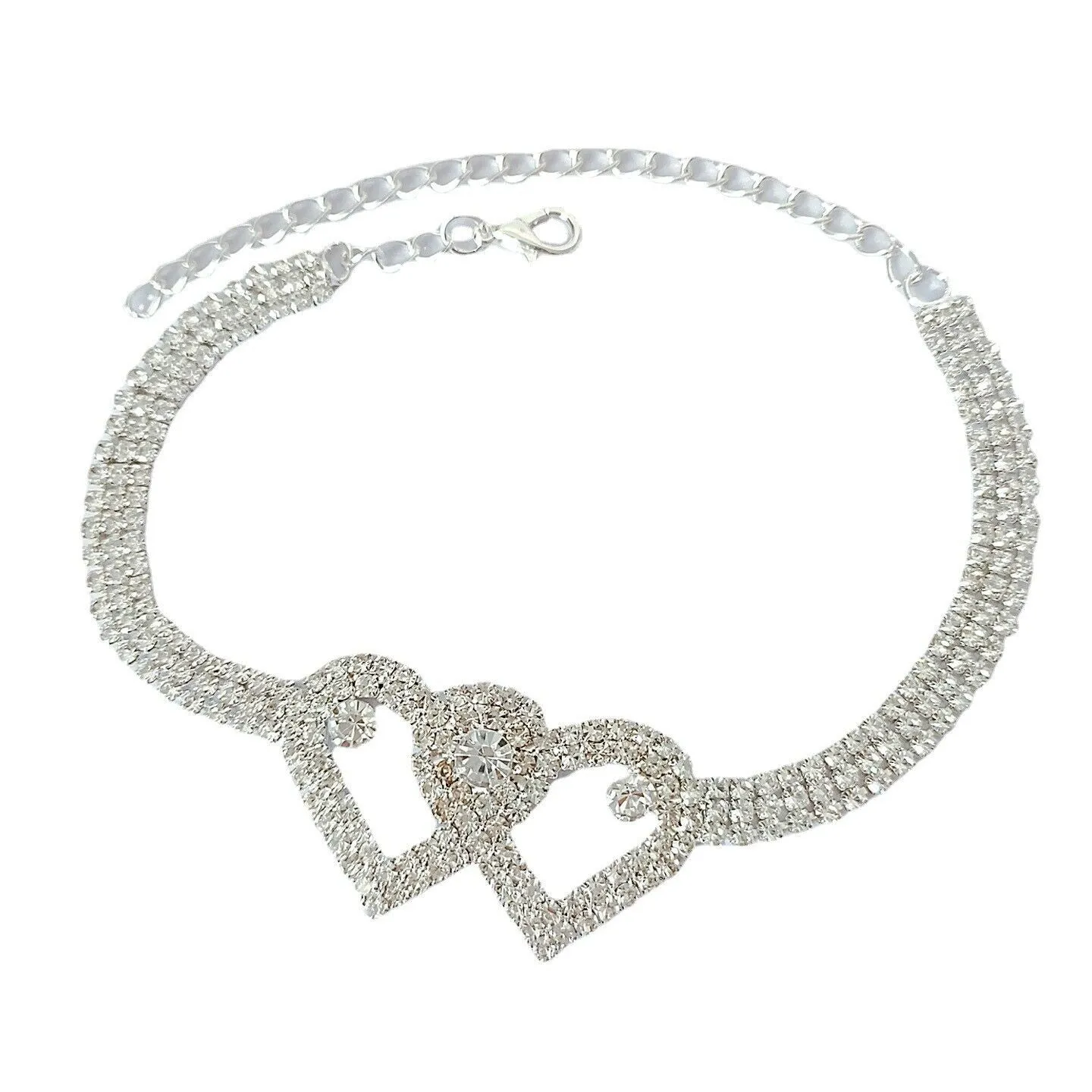 US 2-4 Pack Love Chain Double Heart Anklet Bracelet Bling Crystal Ankle Barefoot