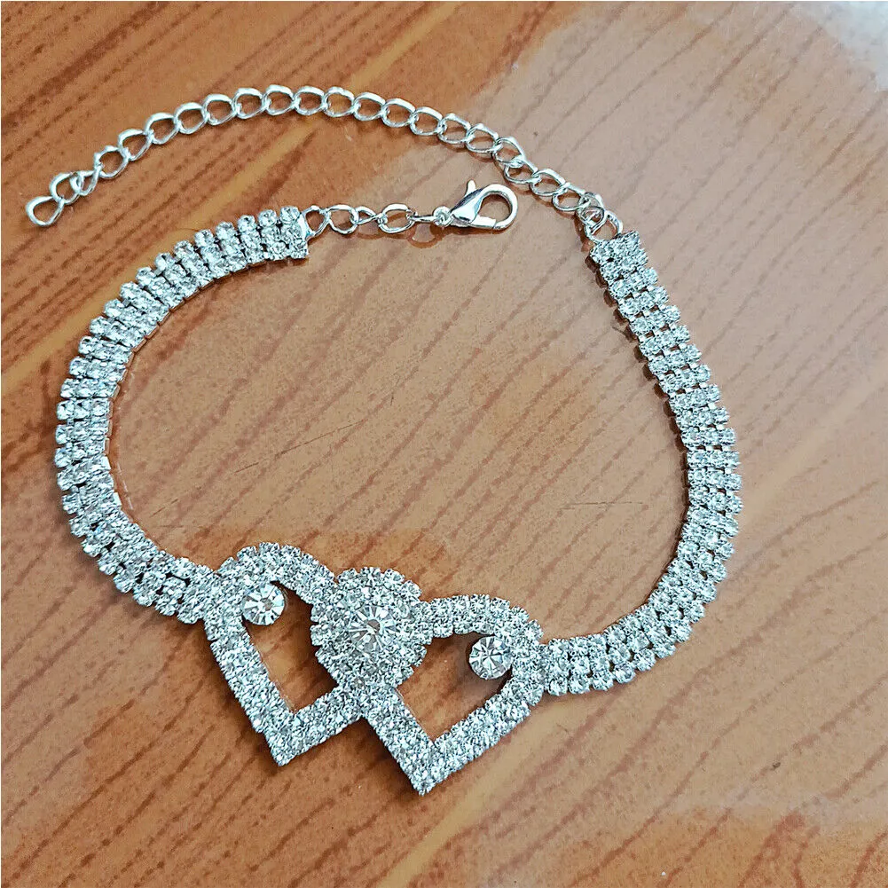 US 2-4 Pack Love Chain Double Heart Anklet Bracelet Bling Crystal Ankle Barefoot