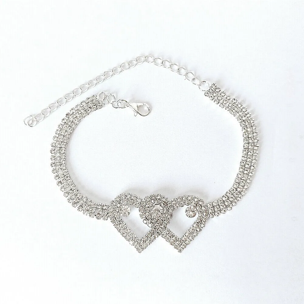 US 2-4 Pack Love Chain Double Heart Anklet Bracelet Bling Crystal Ankle Barefoot