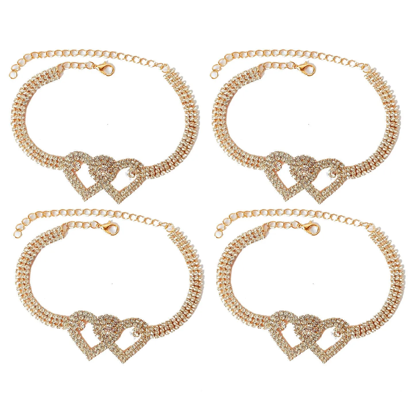 US 2-4 Pack Love Chain Double Heart Anklet Bracelet Bling Crystal Ankle Barefoot
