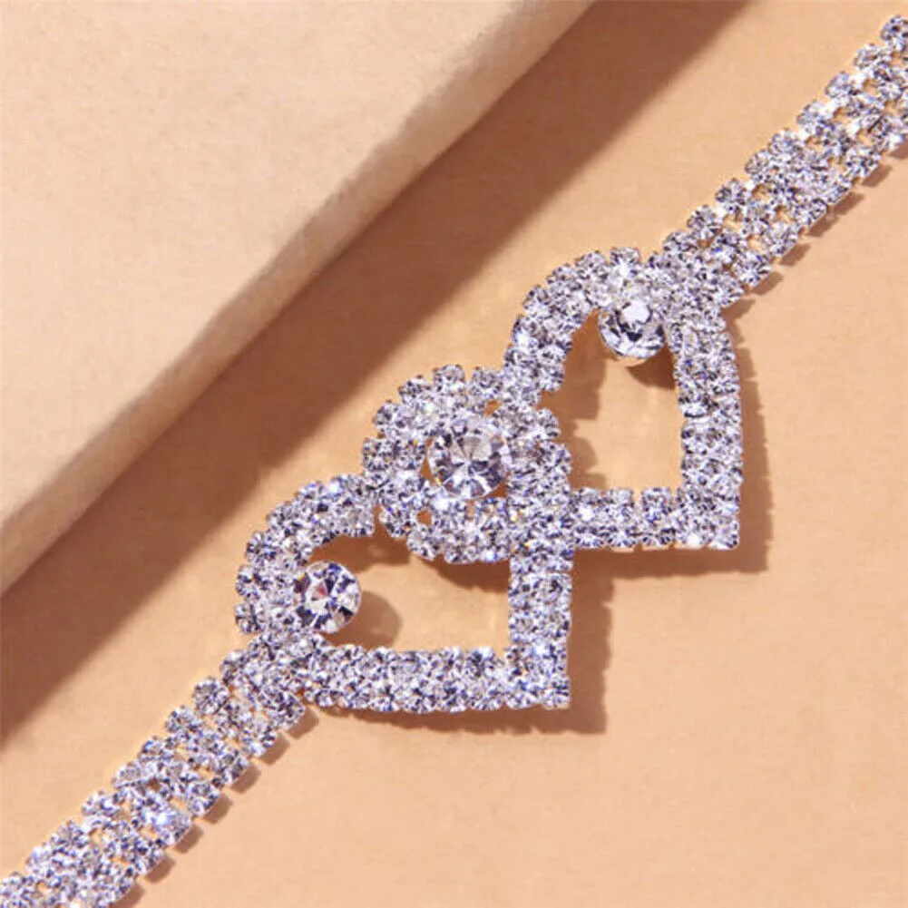 US 2-4 Pack Love Chain Double Heart Anklet Bracelet Bling Crystal Ankle Barefoot