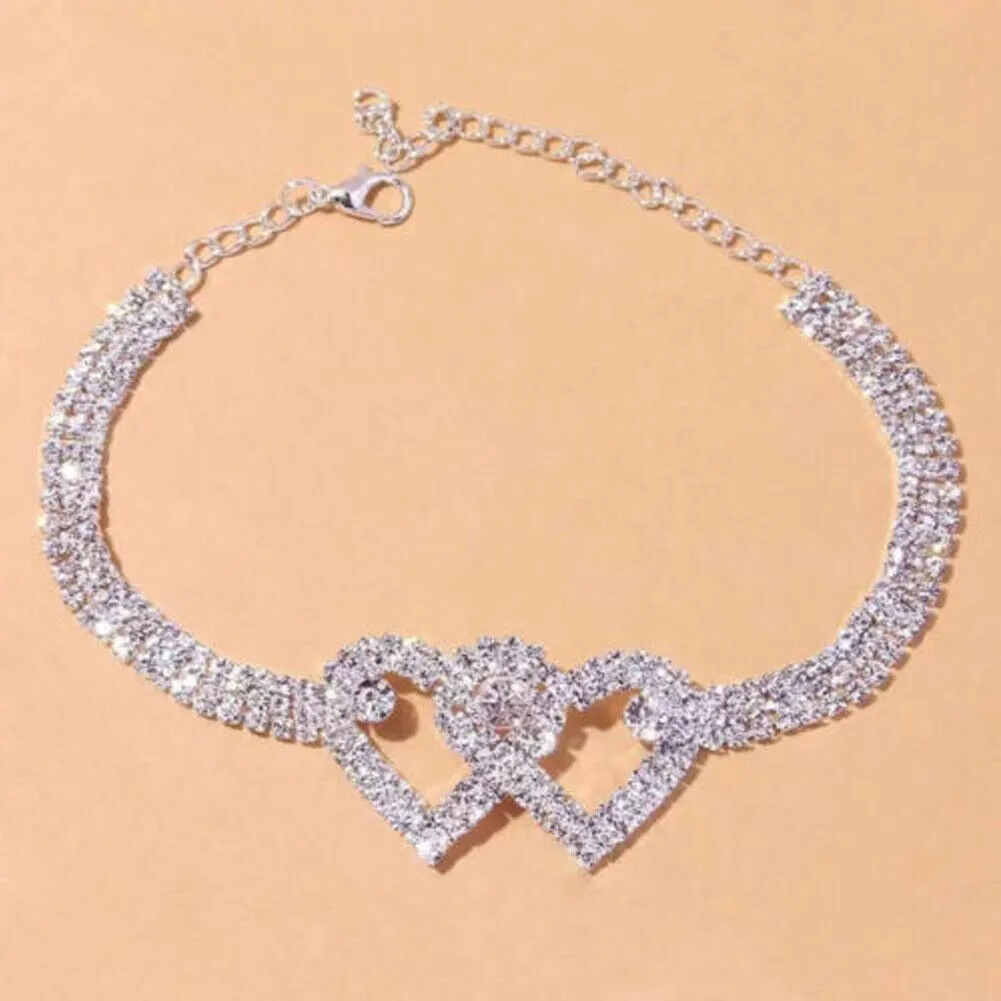 US 2-4 Pack Love Chain Double Heart Anklet Bracelet Bling Crystal Ankle Barefoot