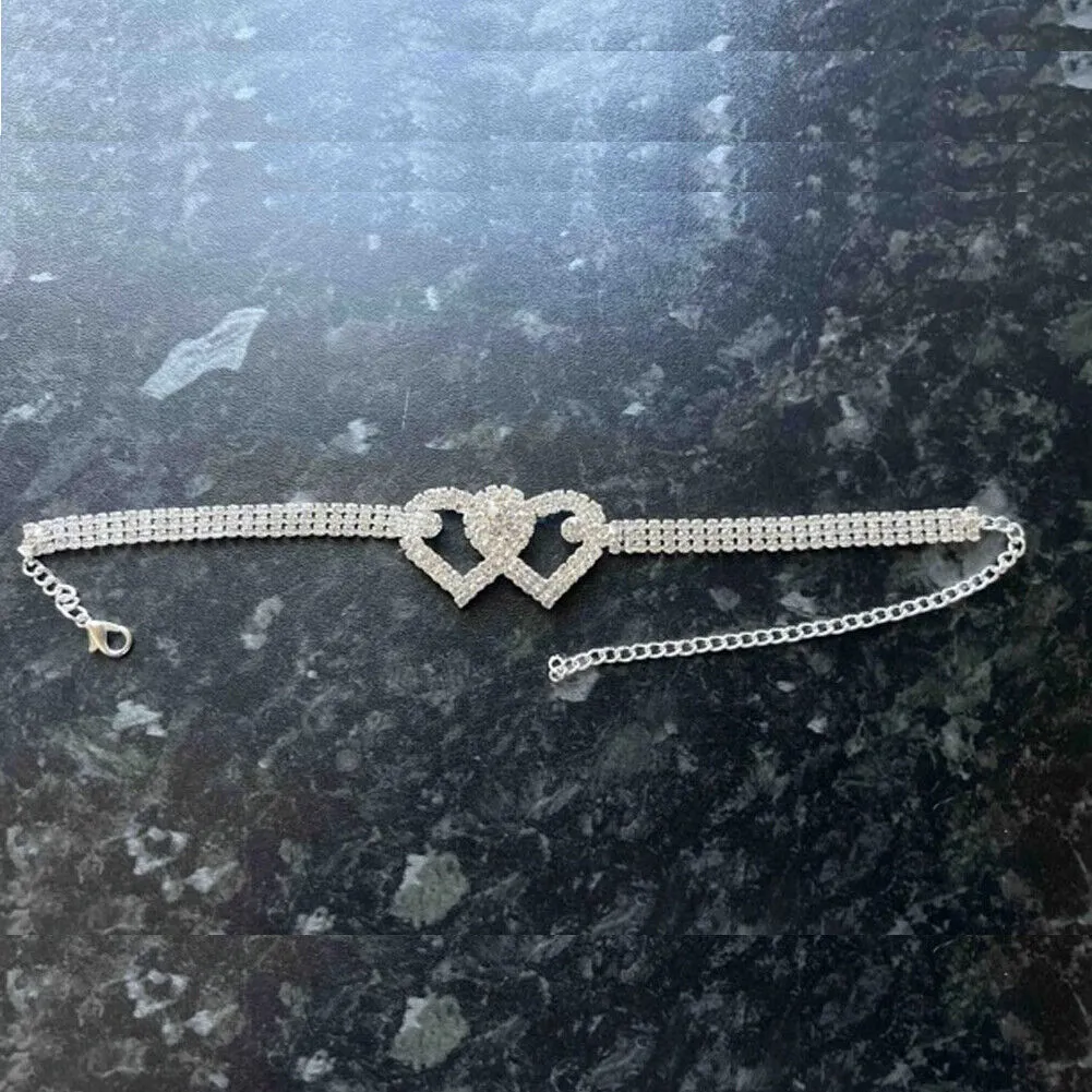 US 2-4 Pack Love Chain Double Heart Anklet Bracelet Bling Crystal Ankle Barefoot