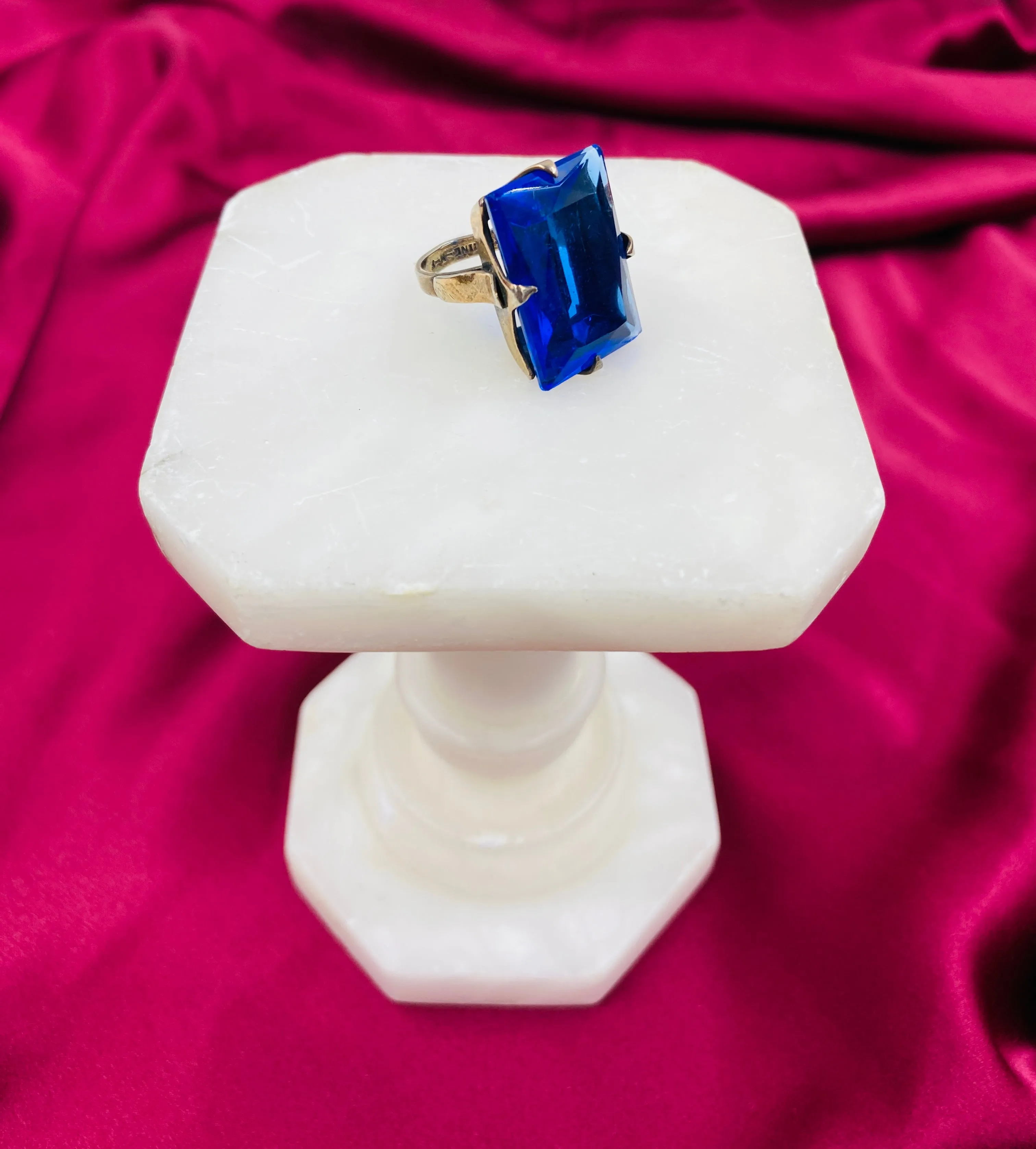Vintage Art Deco Large Emerald Cut Blue Glass Stone Ring, Size 4.5